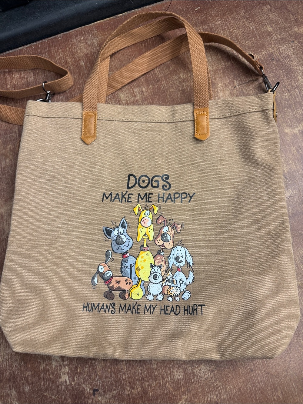 Canvas Dog Tote Bag - Tan "Dogs Make Me Happy"